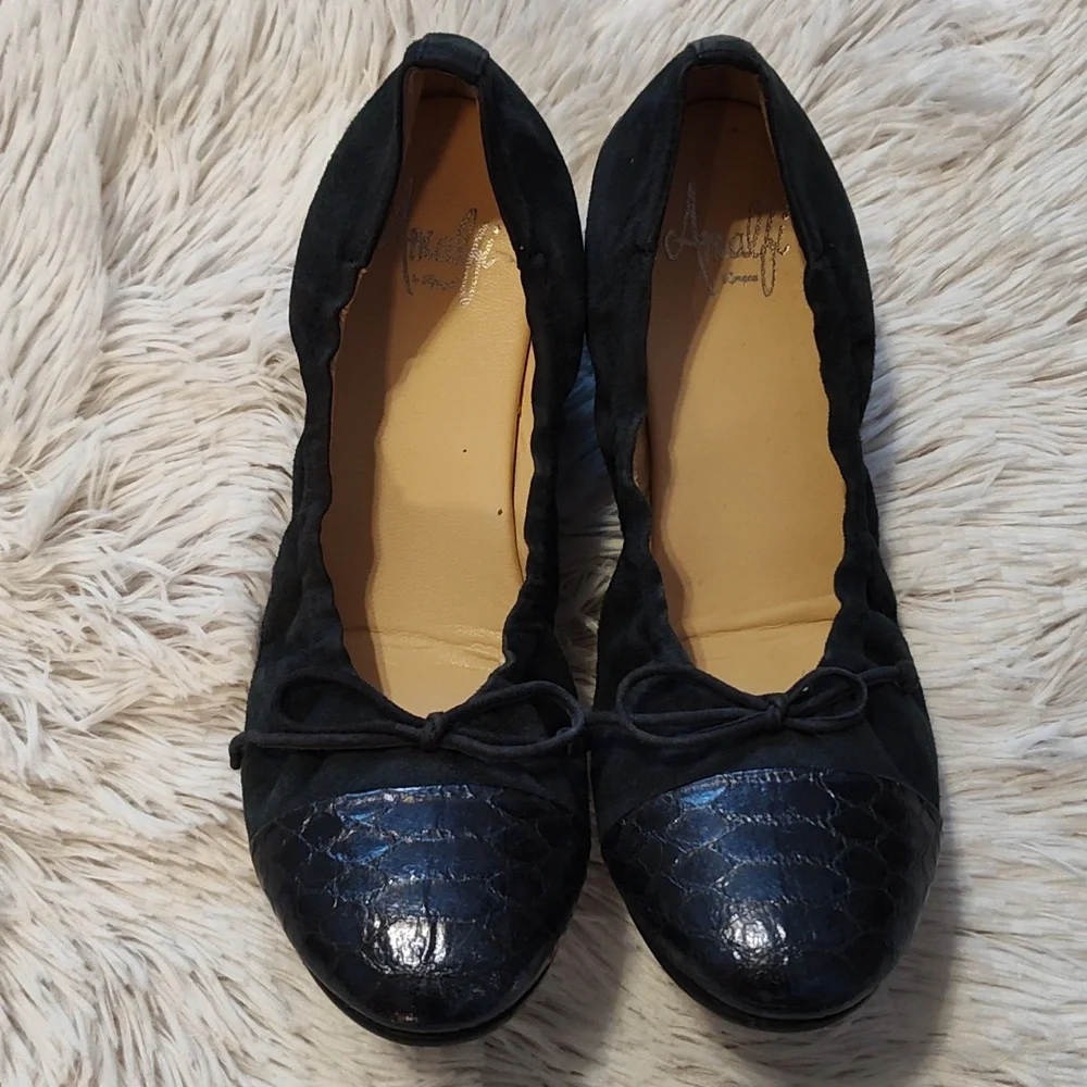 Amalfi By Rangoni Suede Cap Toe Ballet Flat Wedges Navy Blue Patent Croc Italy 7